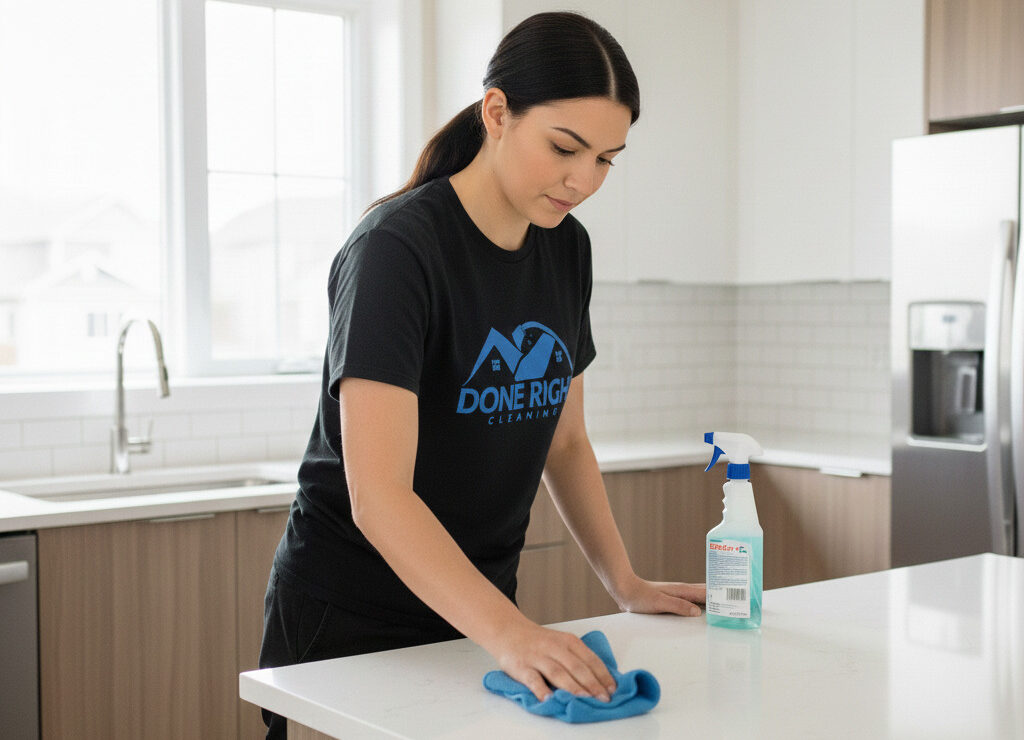Cleaner wiping a kitchen counter