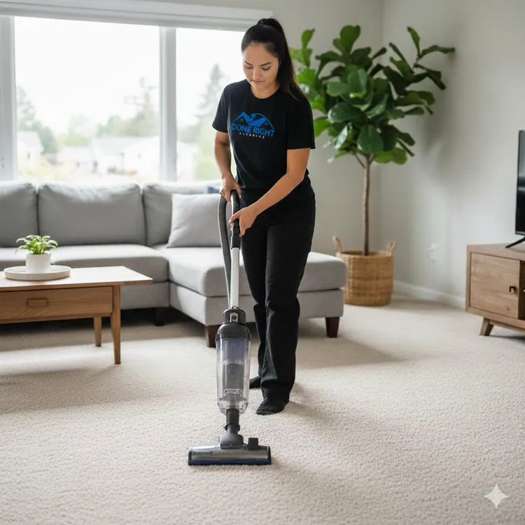 Cleaner vacuuming a living room carpet