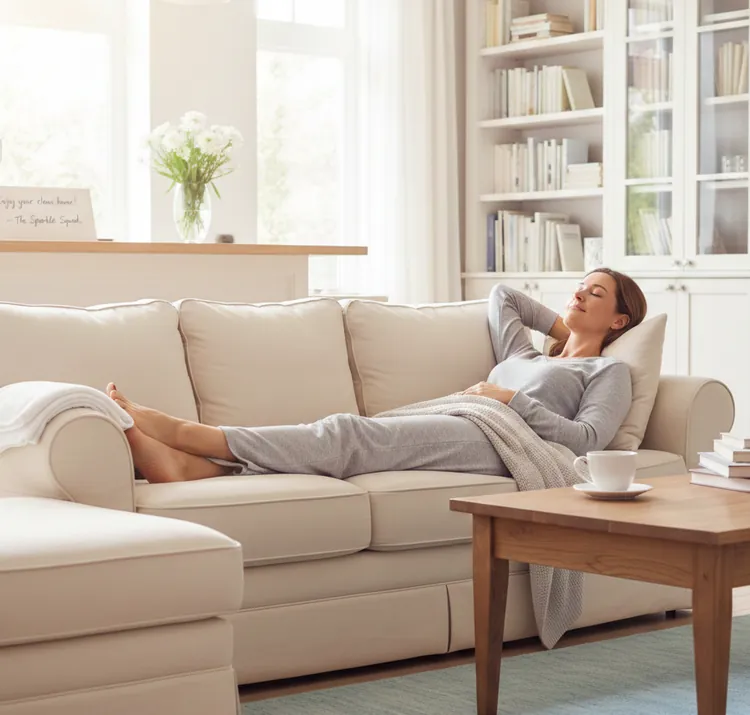 Homeowner relaxing on the sofa in a freshly cleaned living room