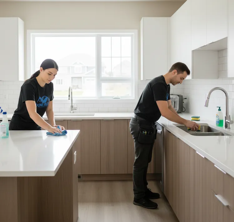Two cleaners cleaning a kitchen island and sink